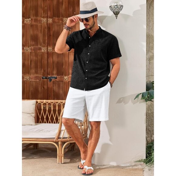 💫 Men Black Casual Button Down Shirts Short Sleeve Banded Collar Hippie Tops - Picture 4 of 5